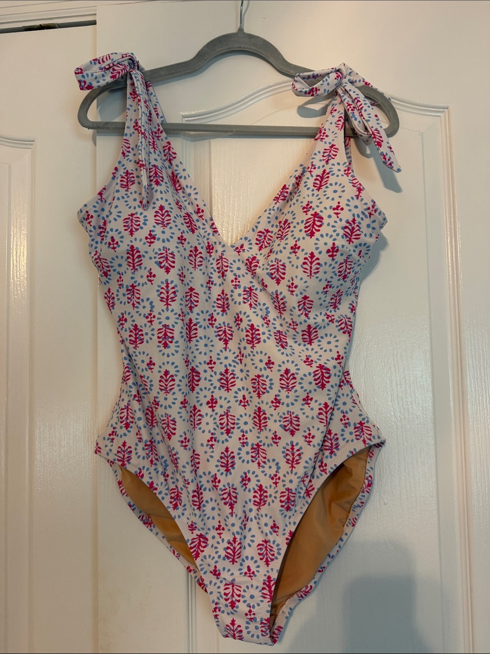 J Crew Printed Tie Shoulder Swimsuit Adjustable Pink Blue One Piece Size XL